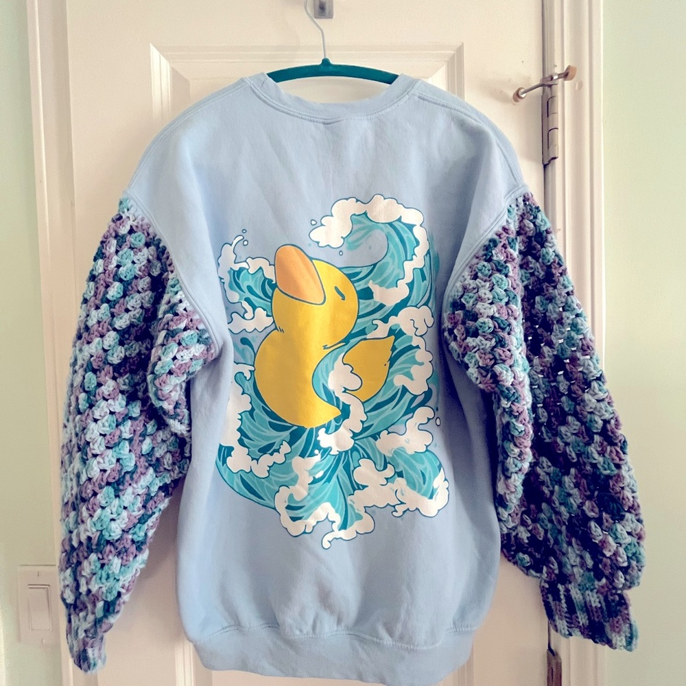 Upcycled, handmade crochet sleeved sweatshirt